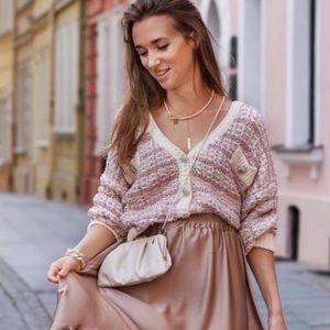 New Zara Jewel Button Pink White Cardigan